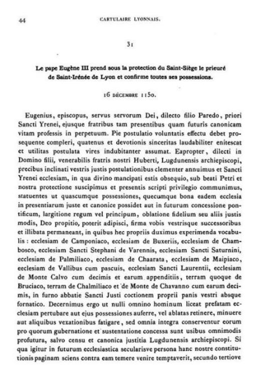 cartulaire Lyonnais par GUIGUE - bulle Eugène III - 16-12-1150